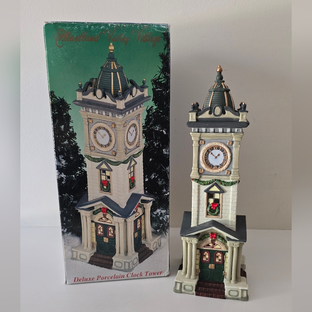 Heartland Valley Village Deluxe Porcelain Clock Tower – Hand Painted Christmas